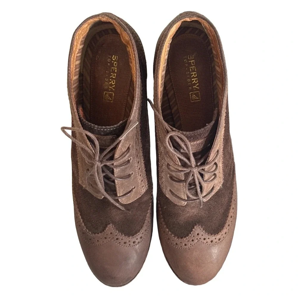 Sperry Top-Sider Emory Brown Suede Leather Wingtip Brogue Oxford Booties Heeled